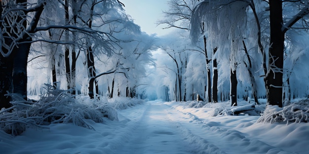 Foto floresta nevada com caminho paisagem de inverno ilustração de conto de fadas