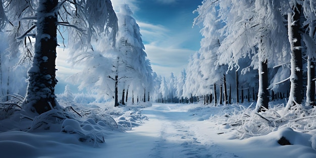 Foto floresta nevada com caminho paisagem de inverno ilustração de conto de fadas