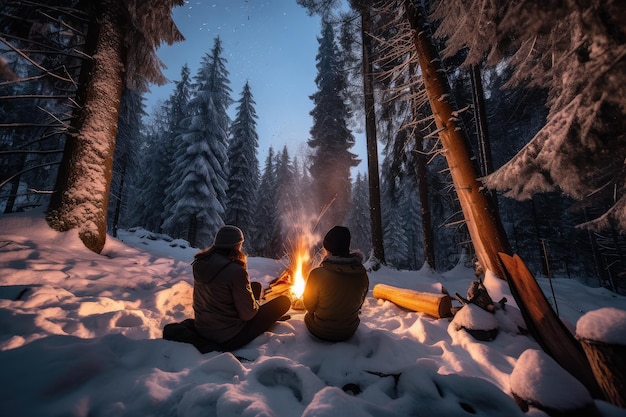 Floresta nevada com vista para a fogueira e duas pessoas sentadas perto do fogo se abraçando para se aquecerem criadas com ai generativa