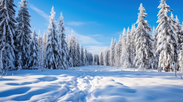 Floresta nevada Árvores altas terra coberta de neve e céu azul