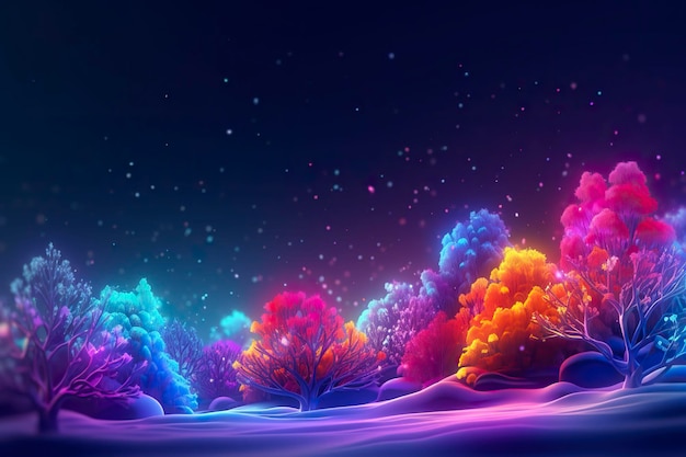 Floresta no inverno em cores neon Generative AI