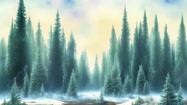 Floresta no nevoeiro As colinas Céu estrelado Céu azul turquesa Fundo de aquarela desenhado à mão Bela floresta de abetos enevoada