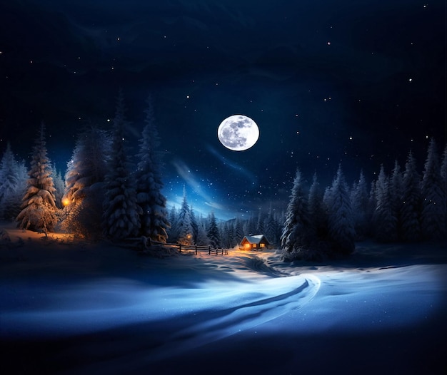 floresta noite azul de inverno céu estrelado lua cheia árvores de Natal cabana de madeira com luz na janela