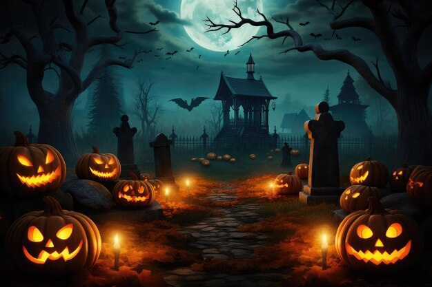Floresta noturna assustadora de Halloween e papel de parede de casa com abóboras e lua Generative Ai