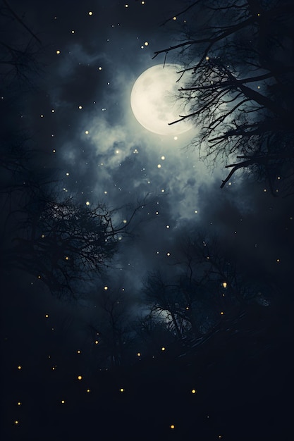 Floresta noturna com lua cheia e estrelas no céu