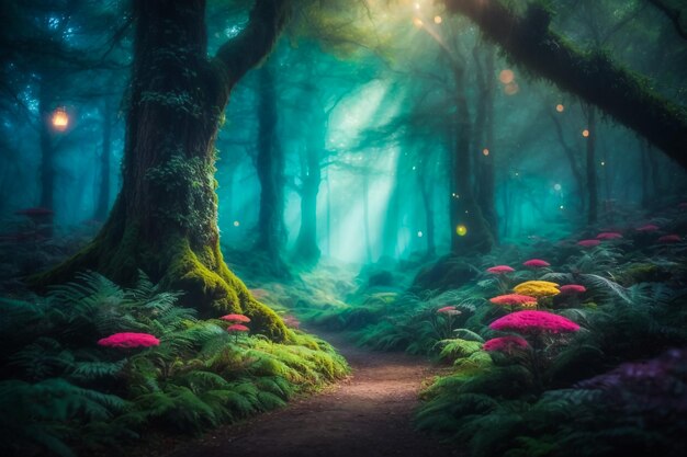 Foto floresta noturna fantástica beleza da natureza país das maravilhas do conto de fadas místico à noite jardim fabuloso