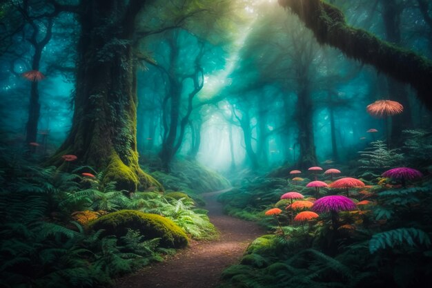 Floresta noturna fantástica beleza da natureza país das maravilhas do conto de fadas místico à noite jardim fabuloso