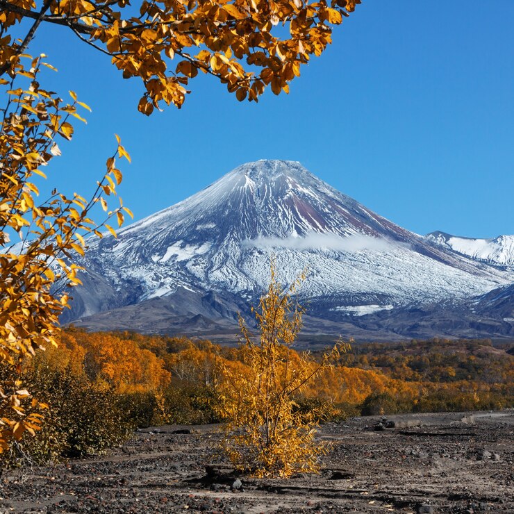 Floresta outonal colorida no sopé de um vulcão ativo na península de Kamchatka