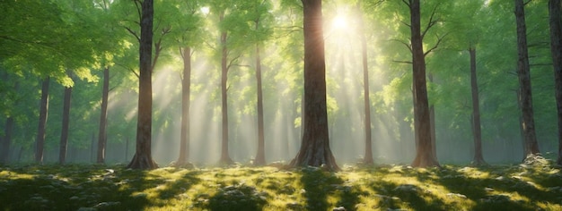 Floresta Silenciosa na primavera com belos raios solares brilhantes