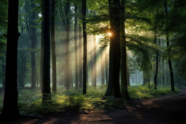 Floresta tranquila com luz solar através das árvores