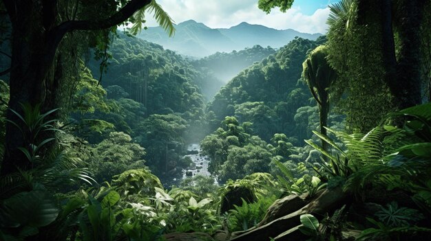 floresta tropical com árvores verdes e montanhas Generativa AI AI Gerada