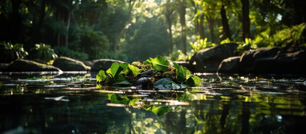 Foto floresta tropical com ninhos de lírio d'água e pedras