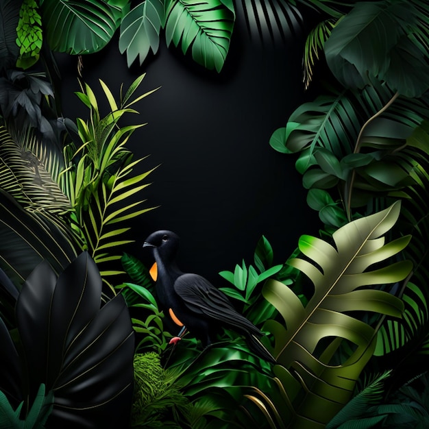 Floresta tropical com uma moldura quadrada em fundo preto