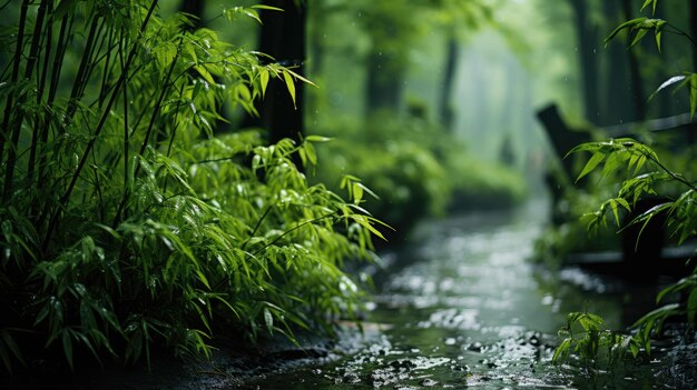 Foto floresta tropical de bambu ao lado do rio