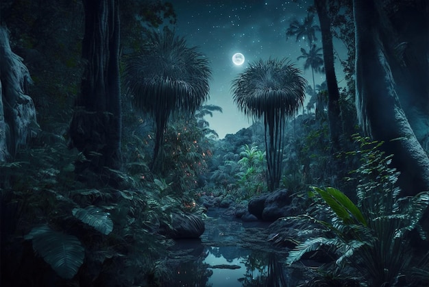 Floresta tropical de fantasia à noite, luz misteriosa na IA generativa da selva de conto de fadas