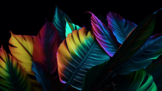Floresta tropical de folhas brilhando no fundo escuro de luz Alto contraste