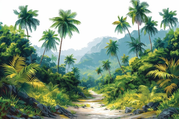 Floresta tropical moderna desenhada à mão com palmeiras, plantas exóticas e animais selvagens exóticos em fundo branco