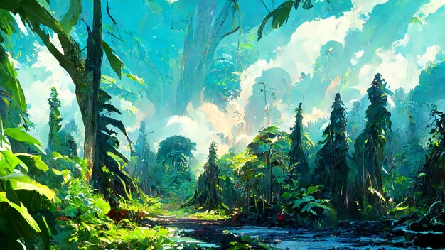 Floresta tropical na ilustração 3D da manhã ensolarada