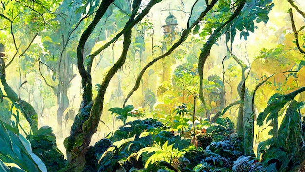 Floresta tropical na ilustração 3D da manhã ensolarada