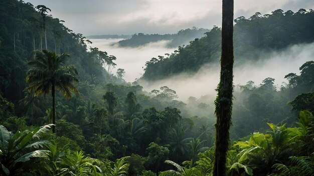 Floresta tropical nebulosa com vegetação exuberante e atmosfera serena