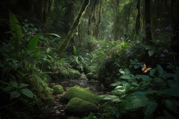 Floresta tropical vibrante vida exuberante cachoeiras serenas e pássaros coloridos generativo IA