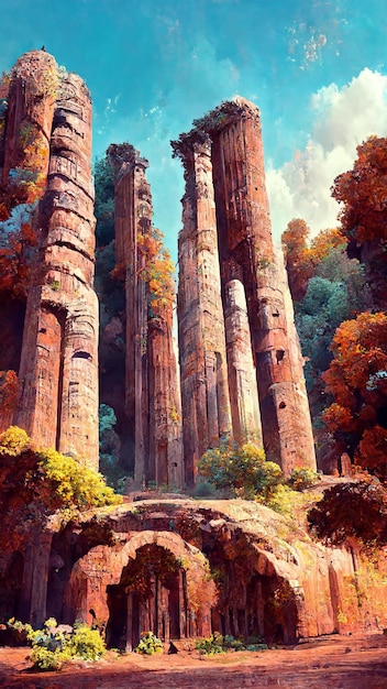 Floresta velha ruína da ilustração 3D histórica da cidade grega ou do império romano
