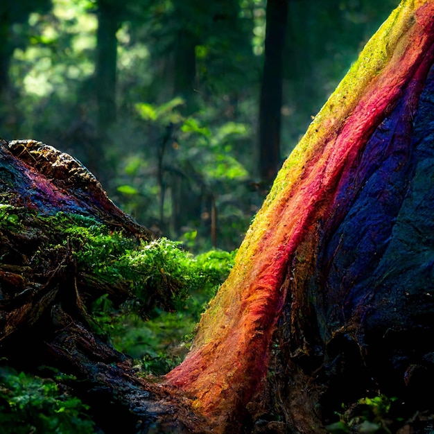 Floresta verde ao lado de uma árvore cor de arco-íris