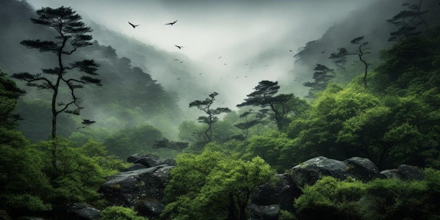 Floresta verde e exuberante, cheia de densas árvores