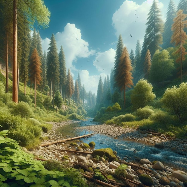 floresta verde e paisagem fluvial