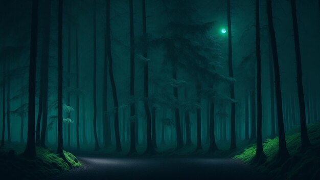 Floresta verde profunda na lua da noite acima do fundo desfocado Generative AI