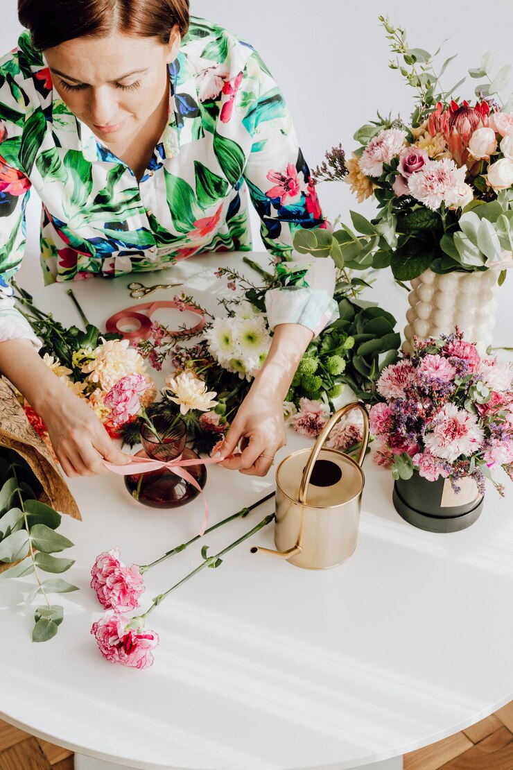 Foto florist arrangiert einen blumenstrauß