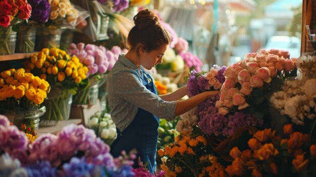 Foto un florista arreglando flores coloridas en una floristería