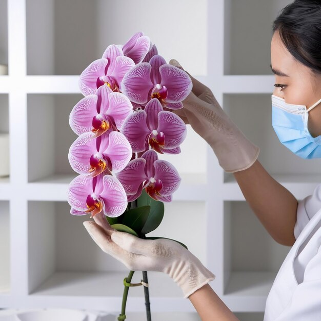 Foto florista com uma orquídea phalaenopsis