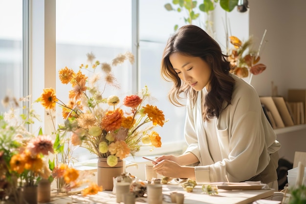 Florista de mulher asiática criando buquê de outono em floricultura Ilustração de IA generativa para pequenas empresas