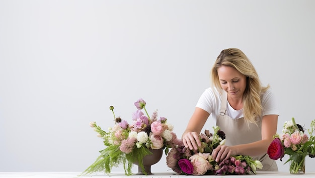 Florista de mulher fazendo um buquê em um fundo branco