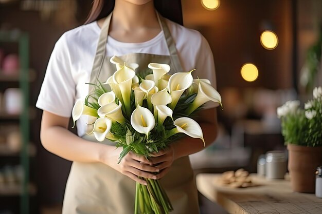 Una florista con un delantal con un ramo de lirios blancos de primavera
