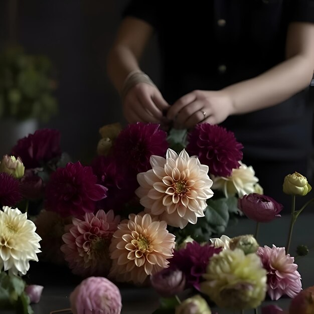 Foto florista fazendo um belo buquê de dálias em uma loja de flores