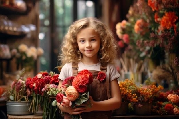 Una florista feliz en una floristería.