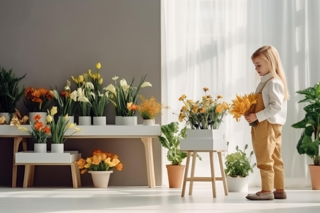 Una florista feliz en una floristería.