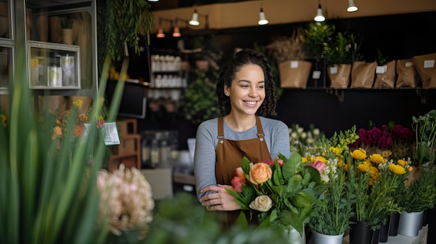 Florista feliz vendiendo plantas y flores al cliente