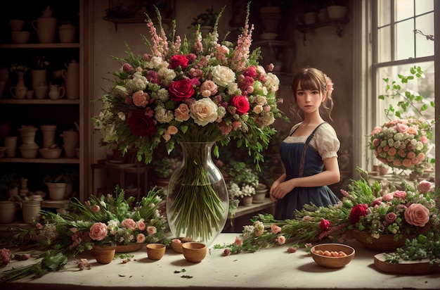 Florista feminina em floricultura Jovem bela cultivadora feminina entre uma variedade de plantas de flores IA generativa