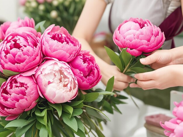 Foto florista feminina fazendo um buquê de belas peônias em uma florista em close-up