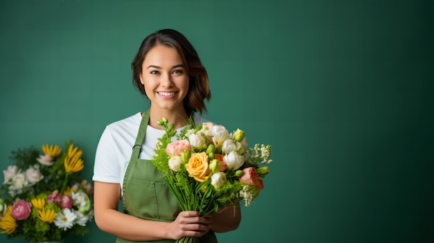 Florista feminina jovem e atraente segurando um buquê de flores