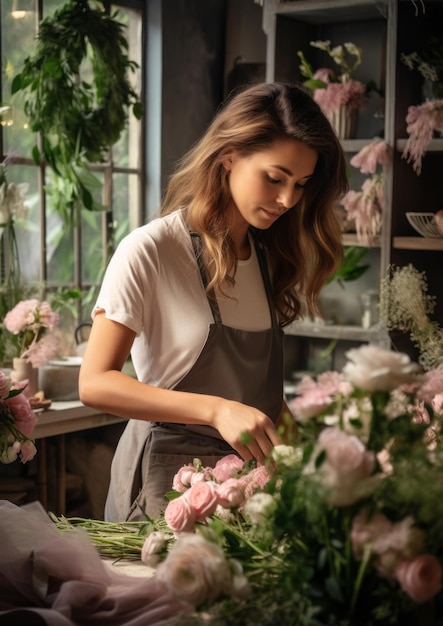 Una florista con flores en una floristería hace un ramo de flores el día de San Valentín concepto generativo ai