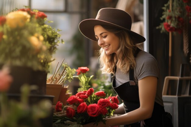 Una florista con flores en una floristería hace un ramo de flores el día de San Valentín concepto generativo ai