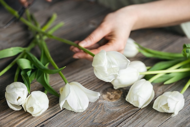 Una florista hace un ramo de tulipanes cortando las puntas con tijeras.