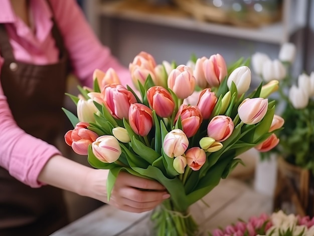 Florista haciendo un hermoso ramo de tulipanes