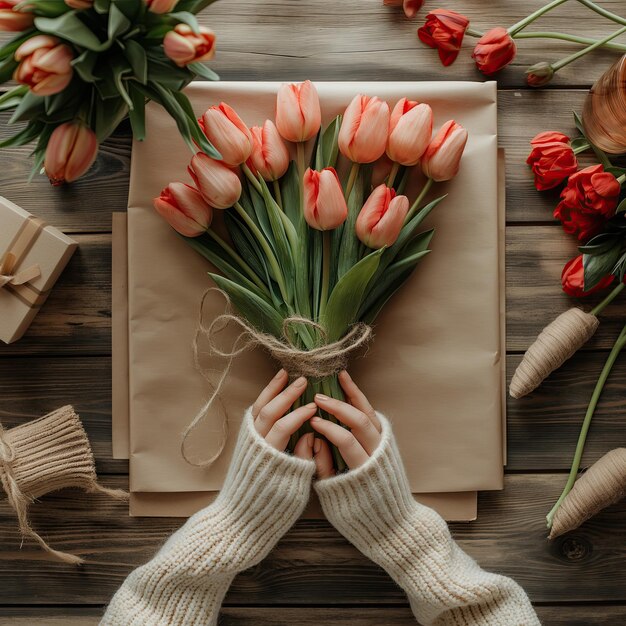 Foto florista haciendo un ramo de tulipanes sobre un fondo de madera