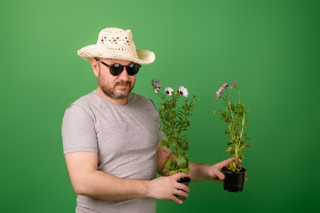 Un florista jardinero masculino con sombrero y gafas de sol sostiene flores frescas en macetas sobre un fondo verde Venta de fitomejoramiento