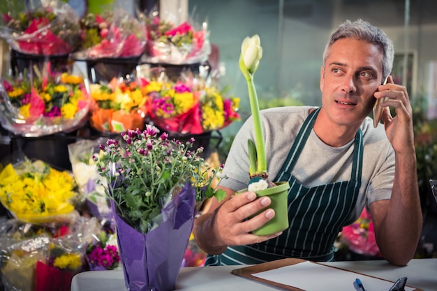 Florista masculina, levando a ordem no celular